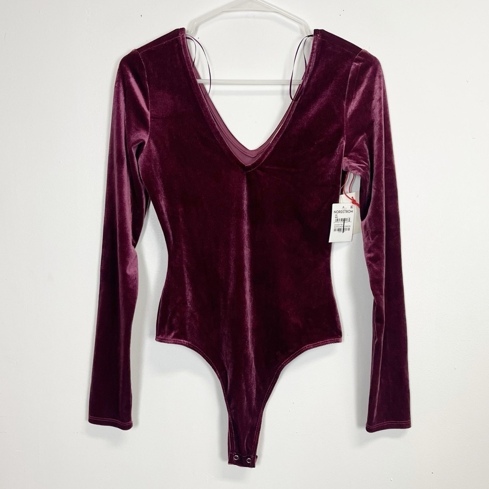 Open Edit Bodysuit Womens Size XS Burgundy Velour Thong One Piece Snap NWT NEW